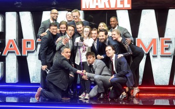  Cast members pose with Lottie French for a selfie during the European film premiere of 'Captain America: Civil War' at Vue Westfield on April 26, 2016 in London, England.