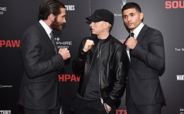 Jake Gyllenhaal, Eminem and Miguel Gomez attend the New York premiere of 'Southpaw' for THE WRAP at AMC Loews Lincoln Square on July 20, 2015 in New York City. 
