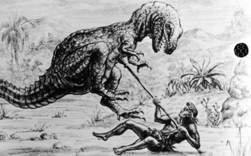 Illustration for an unidentified Ray Harryhausen film showing a caveman lying on the ground with a spear as he is attacked by a dinosaur, circa 1965.