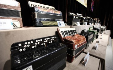 Different kinds of accordions are on display at the Tacheng Accordion Museum in Tacheng City, Tacheng prefecture, Xinjiang Uyghur Autonomous Region, May 26, 2016. 