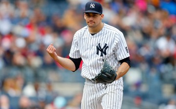 Nathan Eovaldi is pumped up after recording an out in the eighth inning against the Boston Red Sox.