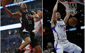 Los Angeles Clippers' Wesley Johnson (L) and Austin Rivers.