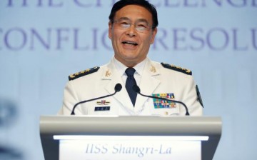 Chinese Admiral Sun Jianguo speaks before delegates at the IISS Shangri-La Dialogue in Singapore on June 5.