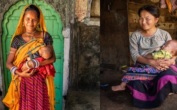 Transcending cultures: (L) An Indian mother breastfeeds her child in Jaipur, India. A member of the hill tribe in Laos does the same thing.