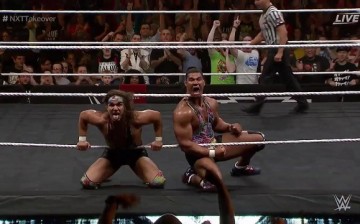 Chad Gable and Jason Jordan are fired up in their match against The Revival.