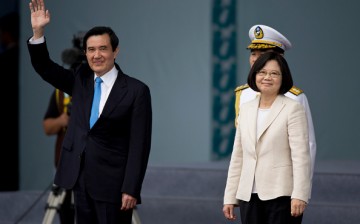 Taiwan President Tsai Ing-wen (R) and former Taiwan President Ma Ying-jeou (L) greet the crowd on May 20, 2016, in Taipei, Taiwan.