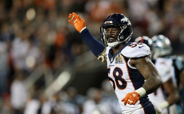 Von Miller #58 of the Denver Broncos reacts while playing against the Carolina Panthers during Super Bowl 50 at Levi's Stadium on February 7, 2016 in Santa Clara, California.
