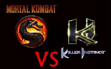 Symbols of two iconic games suggesting a crossover, 'Mortal Kombat' vs. 'Killer Instinct'.