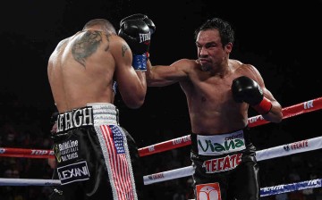 Juan Manuel Marquez throws a right hand at Mike Alvarado at The Forum on May 17, 2014 in Inglewood, California.