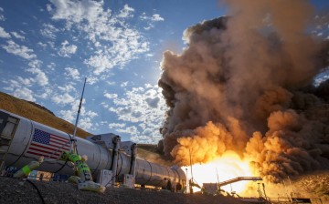 The second and final qualification motor (QM-2) test for the Space Launch System’s booster is seen, Tuesday, June 28, 2016, at Orbital ATK Propulsion Systems test facilities in Promontory, Utah.