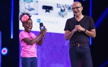 Mikaila Ulmer and Microsoft CEO Satya Nadella speak on stage during “We Day” at KeyArena on April 20, 2016 in Seattle, Washington. 