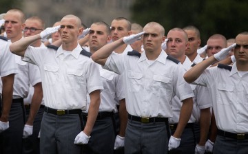 New cadets salute during the Oath of Allegiance ceremony during Reception Day at the United States Military Academy at West Point, June 27, 2016 in West Point, New York. 
