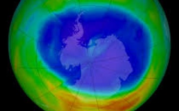 A satellite photograph showing the ozone hole over the Antarctic, measuring about 9.3 million square miles.