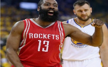 James Harden #13 of the Houston Rockets reacts during their game against the Golden State Warriors in Game Five of the Western Conference Quarterfinals during the 2016 NBA Playoffs at ORACLE Arena on April 27, 2016 in Oakland, California. NOTE TO USER: Us