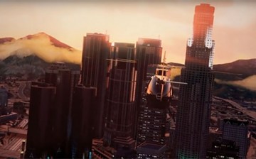 A helicopter flies over the fictional city of 