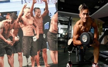 (L) Yang Shuaihong raises his right arm as he faces the audience during a bodybuilding competition on July 13 in Chengdu, Sichuan Province. (R) Yang workouts at the gym.