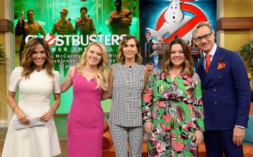 (L-R) Karla Martinez, Kate McKinnon, Kristen Wiig, Melissa McCarthy and Paul Feig is on the set of Univisions 'Despierta America' to support the film 'Ghostbusters' at Univision Studios on July 11, 2016 in Miami, Florida.  