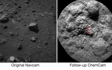 NASA's Curiosity Mars rover autonomously selects some targets for the laser and telescopic camera of its ChemCam instrument. For example, on-board software analyzed the Navcam image at left, chose the target indicated with a yellow dot, and pointed ChemCa