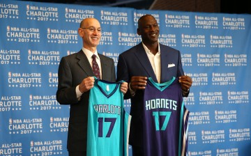 NBA commissioner Adam Silver (left) poses with Charlotte Hornets owner Michael Jordan (right) last June 2015, after the announcement of Charlotte as the host of the 2017 All-Star Weekend 