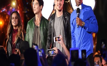 (L-R) Actors Becky G., Ludi Lin, Dacre Montgomery and RJ Cyler speak onstage at the MTV Fandom Awards San Diego at PETCO Park on July 21, 2016 in San Diego, California. 