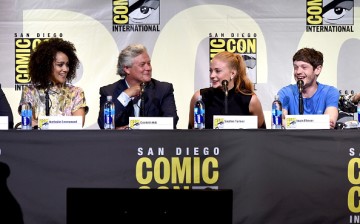 (L-R) Actors Nathalie Emmanuel, Conleth Hill, Sophie Turner, and Iwan Rheon attend the 'Game Of Thrones' panel during Comic-Con International 2016 at San Diego Convention Center on July 22, 2016 in San Diego, California.