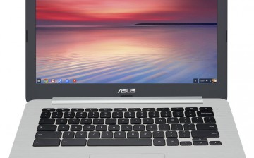 An ASUS Chromebook is displayed showcasing the OS and physical features of the device.
