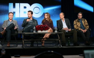 Executive Producer/Writer Nic Pizzolatto, actors Matthew McConaughey, Michelle Monaghan, Woody Harrelson and Executive Producer/Director Cary Fukunaga speak onstage during the 'True Detective' panel d