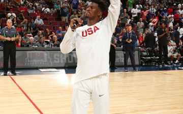 Jimmy Butler speaks to Chicago fans prior to the USA-Venezuela exhibition game at the United Center.