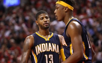 Indiana Pacers players Paul George (L) and Myles Turner.