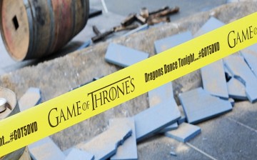 Game of Thrones caution tape wraps the dragon landing display during the Game of Thrones: The Complete Fifth Season DVD/Blu-Ray Celebration March 16, 2016 at Dilworth Plaza in Philadelphia, Pennsylvania.