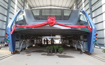 China's first Transit Elevated Bus (TEB-1) being readied for a test drive in Qinhuangdao.