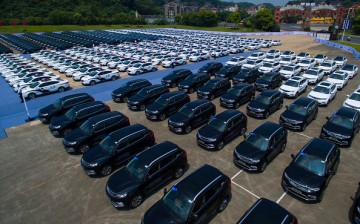 The official cars that will be used for the G20 Summit on Sept. 4-5 are displayed in Hangzhou, Zhejiang Province.