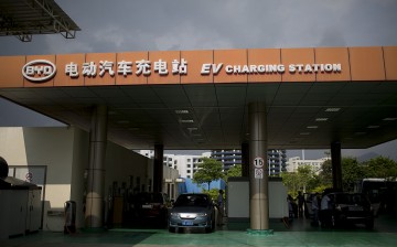 An electric car gets served at the BYD Co. EV charging station at the company's headquarters in the Pingshan district of Shenzhen.