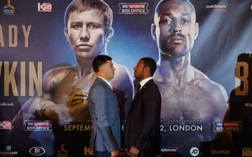 Gennady Golovkin (left) faces off with Kell Brook (right) in their press conference for their September 10 match for the middleweight championship