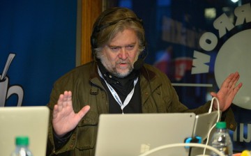 Breitbart News Daily host Stephen K. Bannon live on air at SiriusXM Broadcasts' New Hampshire Primary Coverage Live From Iconic Red Arrow Diner on February 8, 2016 in Manchester, New Hampshire.  