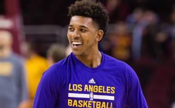 Nick Young warms up prior to the game against the Cleveland Cavaliers at Quicken Loans Arena on February 10, 2016.