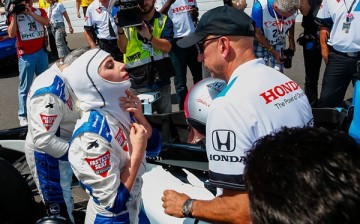 'American Horror Story' star Lady Gaga suits up before her ride during the start of the Indy 500 at the Indianapolis Motor Speedway on May 29, 2016 in Indianapolis, Indiana. 