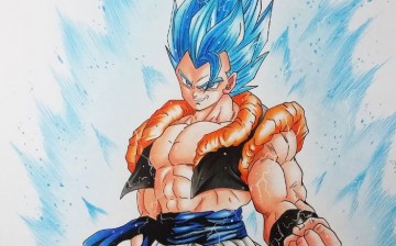 Sketched artwork of Gogeta Blue, a fusion of Goku and Vegeta.