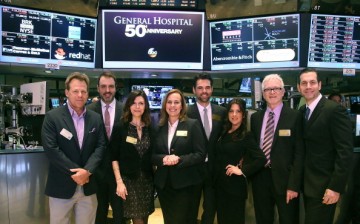 (L-R) Kin Shriner, Ron Carlivati, Finola Hughes, Genie Francis, Jason Thompson, Kelly Monaco and Tony Geary of ABC's soap opera General Hospital ring the opening bell at the New York Stock Exchange on April 1, 2013 in New York City.   