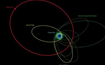 Orbits of the new and previously known extremely distant solar system objects. The clustering of most of their orbits indicates that they are likely be influenced by something massive and very distant, the proposed Planet X.