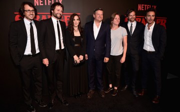 Executive producer Dan Cohen, creator/executive producer Ross Duffer, actress Winona Ryder, Chief Content Officer for Netflix, Ted Sarandos, VP of Original Content for Netflix Cindy Holland, creator/executive producer Matt Duffer and executive producer Sh