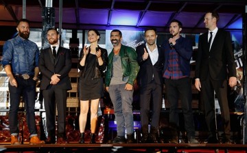 The cast director Eran Creevy, Johnny Palmiero,Christina Hecke, Erdal Yildiz, Aleksandar Jovanovic, Nicholas Hoult and producer Kay Niessen attend the premiere of the film 'Collide' at DRIVE IN Kino on August 1, 2016 in Cologne, Germany. 