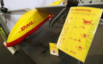 A package delivery drone of German postal carrier DHL stands on display at the ILA 2016 Berlin Air Show on June 1, 2016 in Schoenefeld, Germany.