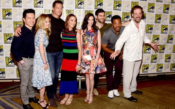 Actors Reggie Lee, Claire Coffee, Sasha Roiz, Bree Turner, lizabeth Tulloch, David Giuntoli, Russell Hornsby and Silas Weir Mitchell attends the 'Grimm' press line during Comic-Con International on July 23, 2016 in San Diego, California. 