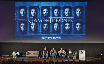 Weapons master Tommy Dunne, comedian Al Murray, actor Ian McElhinney and presenter Sue Perkins during the 'Game of Thrones' panel at the 2016 Advertising Week Europe held in London.