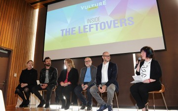 (L-R) Ann Dowd, Justin Theroux, Mimi Leder, Tom Perrotta, Damon Lindelof, and Jen Chang speak onstage during the Inside The Leftovers panel discussion at the Vulture Festival The Standard at The Standard on May 22, 2016 in New York City. 