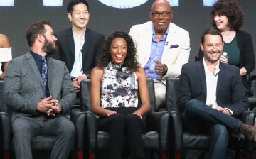 Tim Jo, Paris Barclay, Helen Bartlett, Mark-Paul Gosselaar, Kylie Bunbury and Dan Fogelman speak onstage at the 'Pitch' panel discussion during the FOX portion of the 2016 TCA summer tour. 
