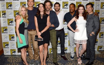 Actress Claire Coffee, actor Sasha Roiz, actress Bree Turner, actors Silas Weir Mitchell, David Giuntoli and Russell Hornsby, actress Bitsie Tulloch and actor Reggie Lee attend NBC's 'Grimm' press line during Comic-Con International 2013 at the Hilton San
