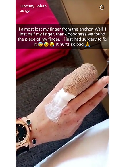 Lindsay Lohan, 30, shared a picture of her bandaged finger on Snapchat.