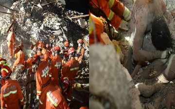 (L) Firefighters face a mountain of rubble as they search for bodies when residential buildings collapsed on Oct. 10, 2016, in Wenzhou, Zhejiang Province. (R) They found a breathing 6-year-old girl.